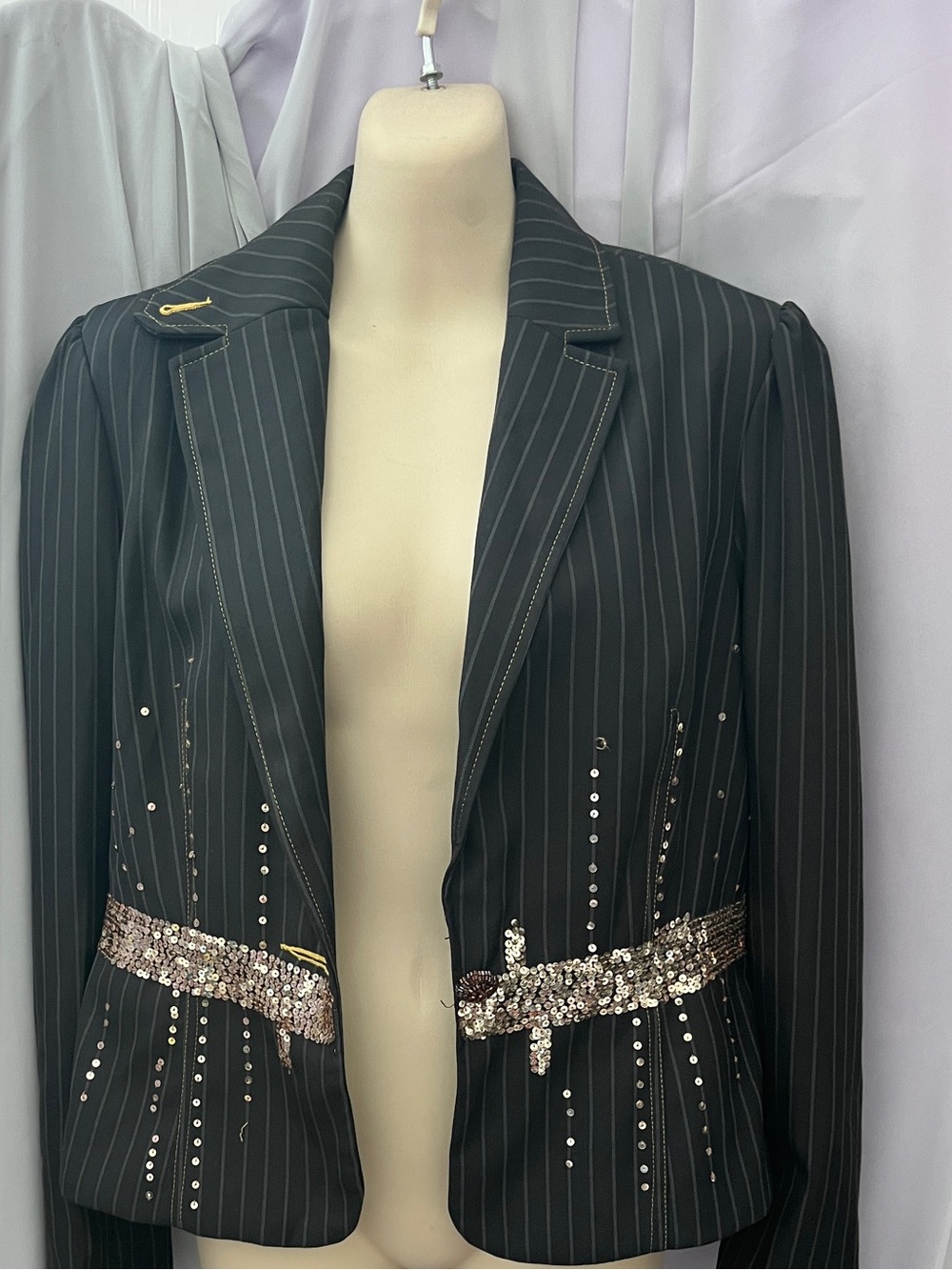 True Meaning Black Pinstripe Blazer with Sequin Belt Accents